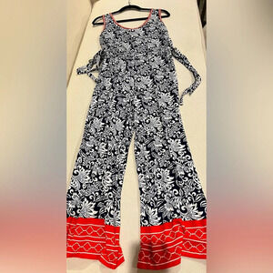 Max Studio red and black oversized sleeveless tie waist jumpsuit, size XS